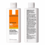 Front and back view of La Roche-Posay Anthelios SPF 50 ultra fluid body sunscreen bottle showing product label and ingredient information.