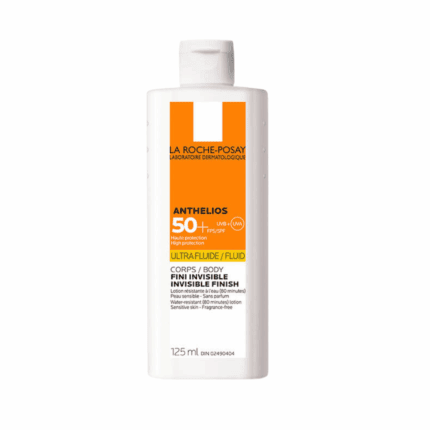 La Roche-Posay Anthelios SPF 50 ultra fluid body sunscreen bottle with invisible finish on a plain white background.