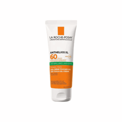 Tube of La Roche-Posay Anthelios XL SPF 60 sunscreen with anti-shine dry-touch gel-cream formula on a plain background.