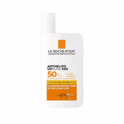 La Roche Posay Anthelios UVMune 400 Invisible Fluid SPF 50 plus sunscreen bottle with ultra long UVA protection and lightweight invisible fluid formula.