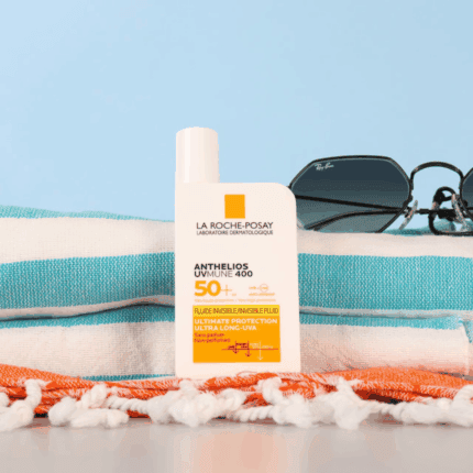 La Roche Posay Anthelios UVMune 400 SPF 50 plus invisible fluid sunscreen placed on beach towel with sunglasses, ultra long UVA protection lightweight sunscreen.