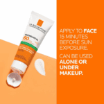 La Roche-Posay Anthelios XL SPF 60 sunscreen tube with text instructions: apply to face 15 minutes before sun exposure; can be used alone or under makeup.