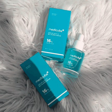 Medicube Azelaic Acid 16% BB Calming Serum 30ml bottle with product boxes placed on white fur background Korean skincare product available in Sri Lanka