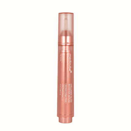 Medicube Collagen Glow Booster Serum 15ml slim pink bottle with pump applicator on a light background.