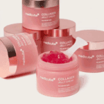 Multiple Medicube Collagen Jelly Cream jars with one open showing pink collagen jelly texture and spatula.