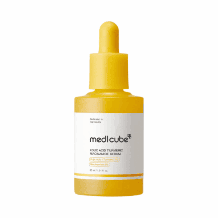 Medicube Kojic Acid Turmeric Niacinamide Serum 30ml yellow dropper bottle with kojic acid, turmeric, and 5% niacinamide for brightening and improving skin tone.