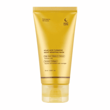 Yellow tube of Medicube Kojic Acid Turmeric Night Wrapping Mask (75 ml) displayed on a clean white background, labeled with ingredients including kojic acid, vitamin C, retinol, turmeric, and collagen for overnight skincare.
