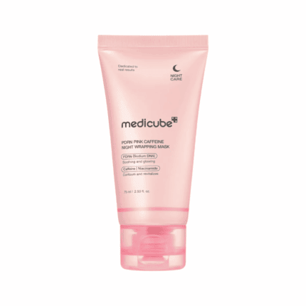 Medicube PDRN Pink Caffeine Night Wrapping Mask 75ml in a soft pink tube with PDRN, caffeine, and niacinamide for overnight soothing and revitalizing skincare.