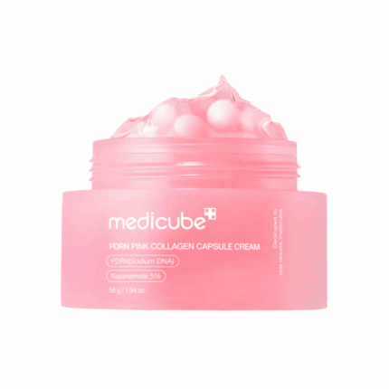 Medicube PDRN Pink Collagen Capsule Cream jar showing pink gel cream with collagen capsules.