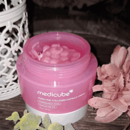 Medicube PDRN Pink Collagen Capsule Cream jar open showing pink collagen capsules in gel moisturizer.