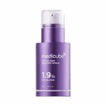 Purple bottle of Medicube Retinol NMN Boosting Serum labeled “1.9% Retinol-Some,” a Korean anti-aging skincare serum in a pump dispenser.