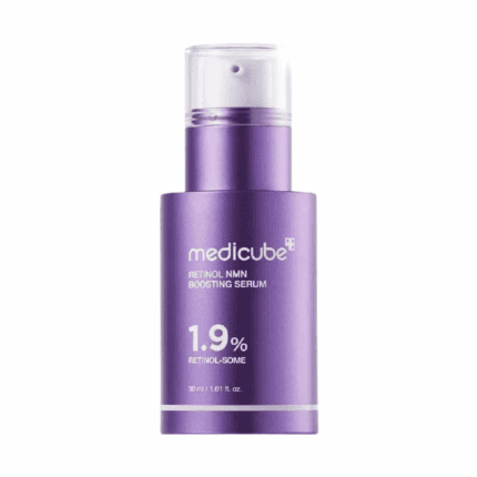 Purple bottle of Medicube Retinol NMN Boosting Serum labeled “1.9% Retinol-Some,” a Korean anti-aging skincare serum in a pump dispenser.