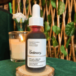 The Ordinary AHA 30% BHA 2% Peeling Solution 30ml exfoliating serum bottle displayed on wooden stand