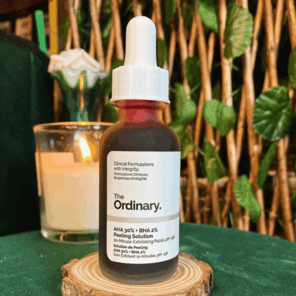 The Ordinary AHA 30% BHA 2% Peeling Solution 30ml exfoliating serum bottle displayed on wooden stand