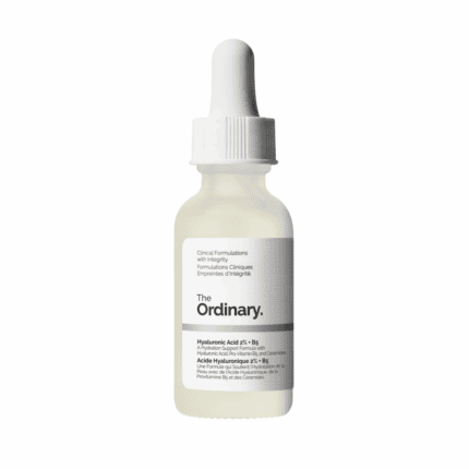 A dropper bottle of The Ordinary Hyaluronic Acid 2% + B5 serum, featuring a minimalist white and grey label, designed to provide deep hydration and skin plumping with hyaluronic acid and vitamin B5.